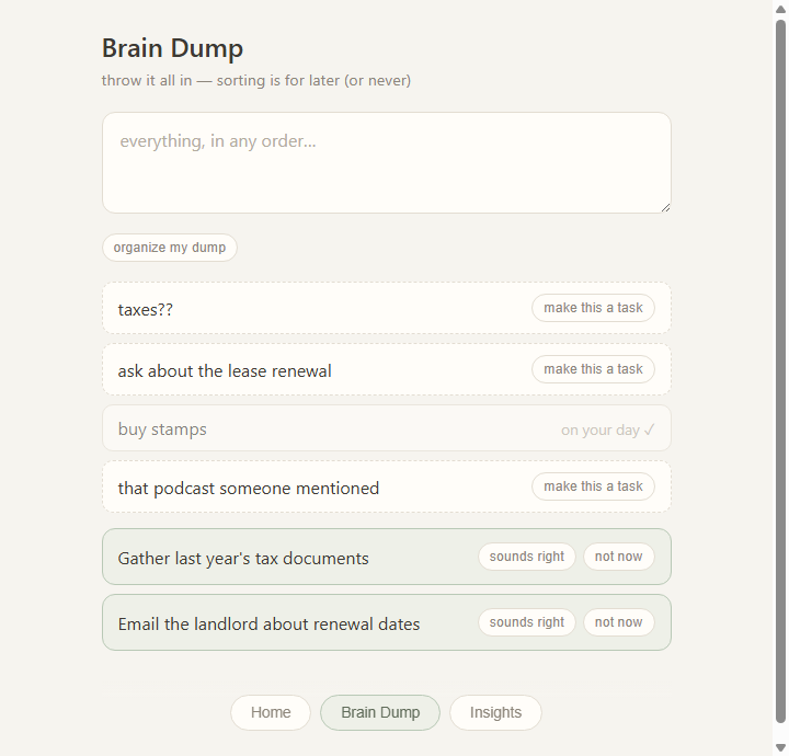 Weke Planner brain dump view with captured lines and suggested micro-steps